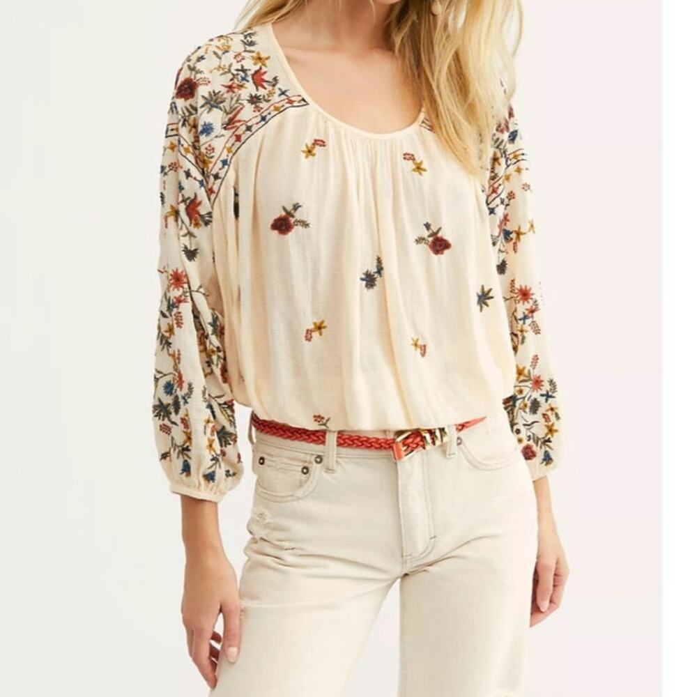 Cream Free People Wild Flowers Blouse Delicate Multicolor Floral Embroidery Boho